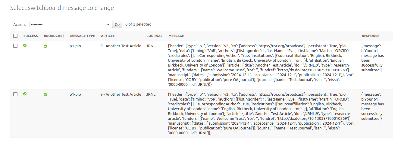 The Janeway admin interface showing messages sent to the OA switchboard, including the columns success, broadcast, message-type, the article in question, the journal it appeared in, the message itself, and the response from the server