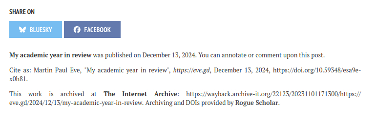 A picture of the bottom bar of my website, featuring a "cite as" block with a DOI, a link to where the work is archived at the Internet Archive, and a new Bluesky share button, beside Facebook