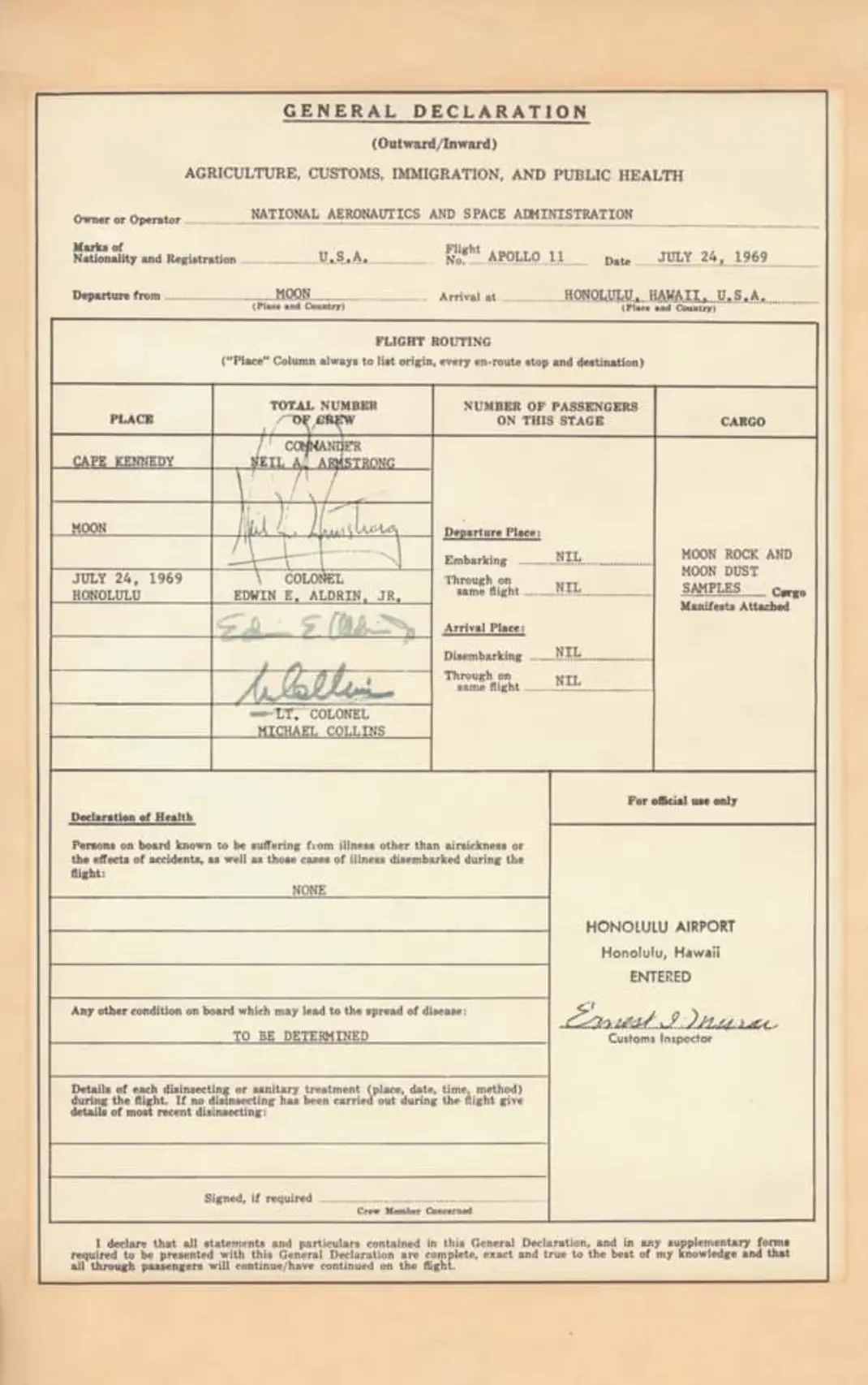 The customs declaration form of the Apollo 11 crew