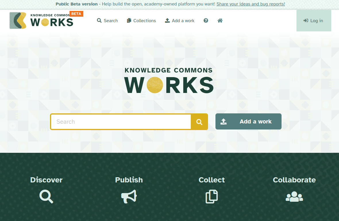 A screenshot of the homepage of Knowledge Commons Works showing a search bar, and then a bar that says Discover, Publish, Collect, Collaborate