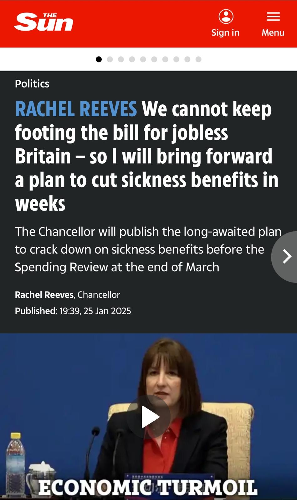 Another headline with a quote from Rachel Reeves saying she's going to cut benefits for those unwell and off work. 
