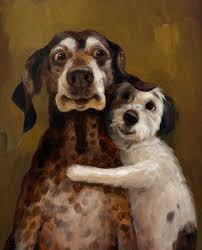 A portrait called "Found a Friend" by Alison Friend. One large brown and white dog is being hugged by a smaller white and black dog. They are both scraggly looking with comic facial expressions.