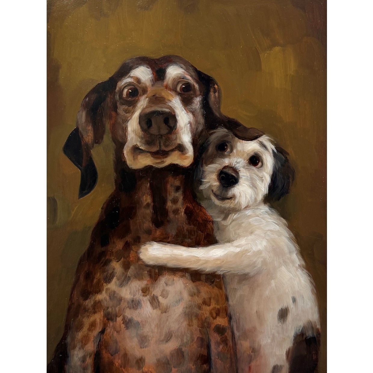 The original image of "Found a Friend". It is two comically stylised dogs hugging. A big brown dog and a small white dog. 