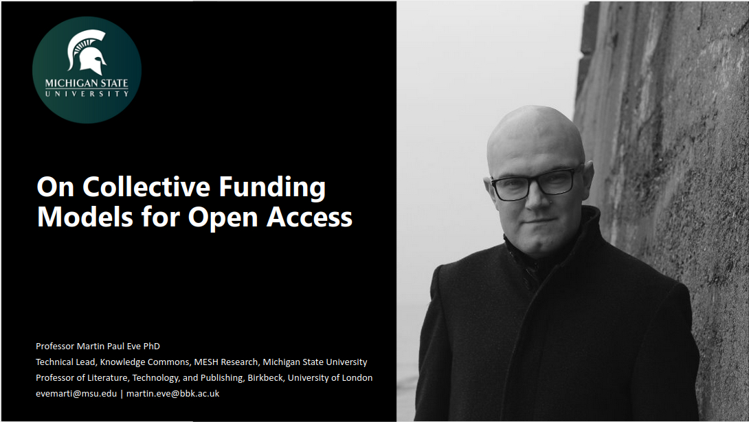 A slide for my talk at SFIS showing a picture of me and the talk title "On Collective Funding Models for Open Access"