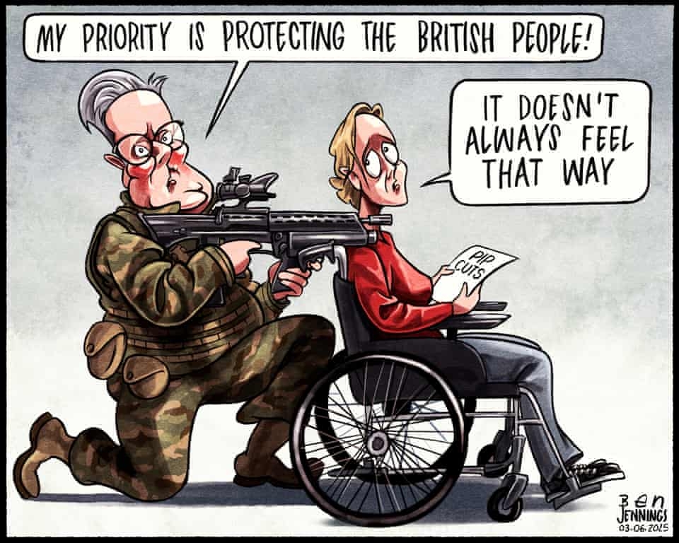 A cartoon by Ben Jennings in which Keir Starmer is in military gear with a rifle says "my priority is protecting the British people".

The disabled person in the wheelchair in front of him, reading a document that says "PIP cuts", says "it doesn't always feel that way". 