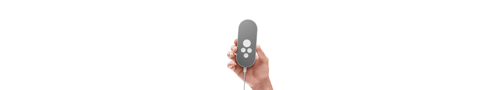 A picture of the Nurosym handset, which has four grey buttons on an oblong box