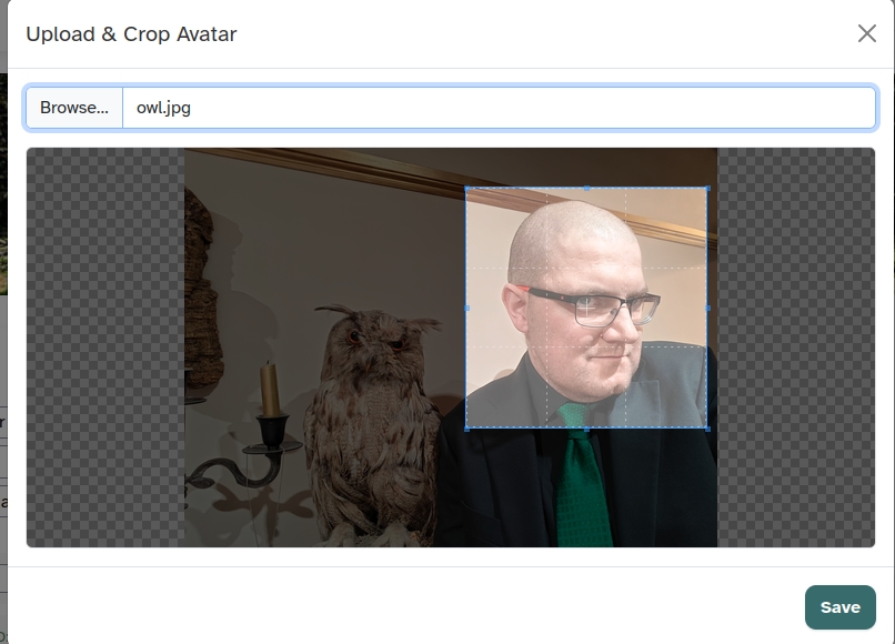 A photo of me and a stuffed owl being cropped in the browser. 