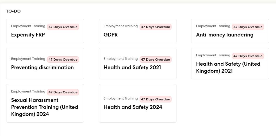 A page of corporate online training courses that I must attend. The list is lengthy.