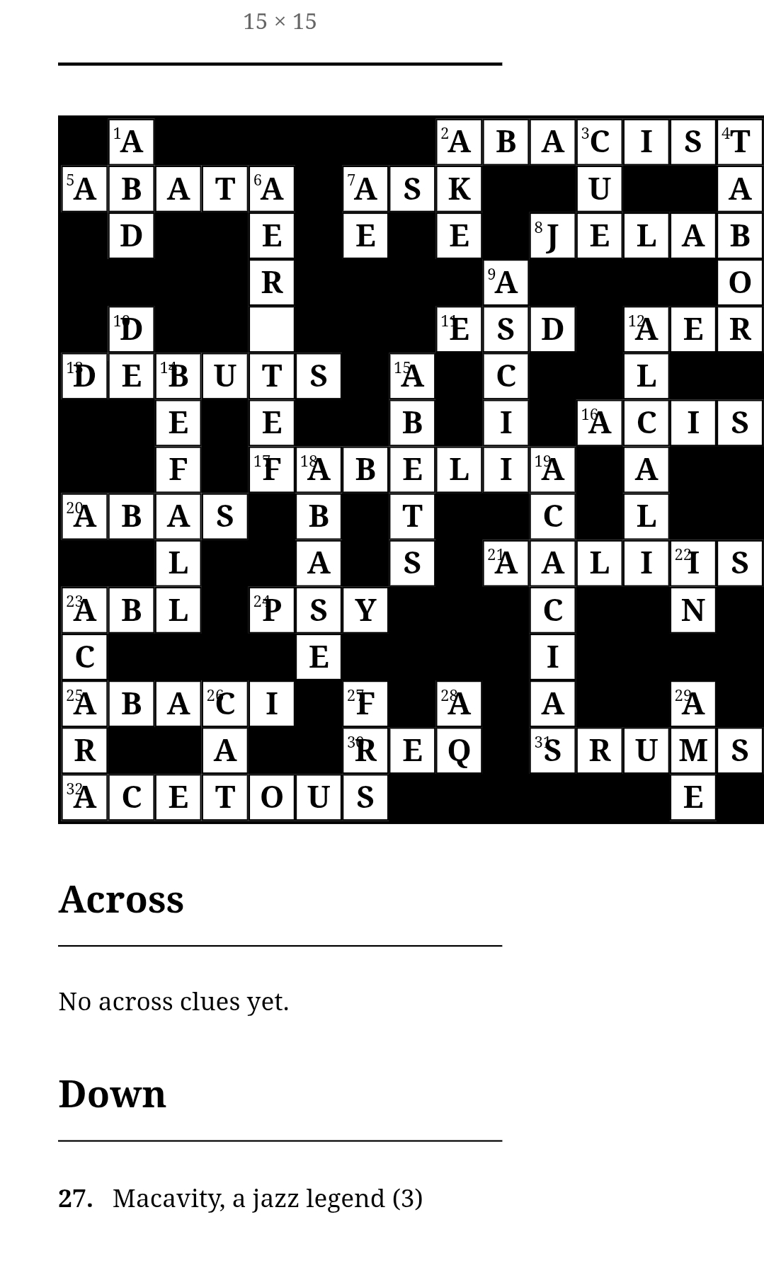 A partially filled crossword grid, with clues below 
