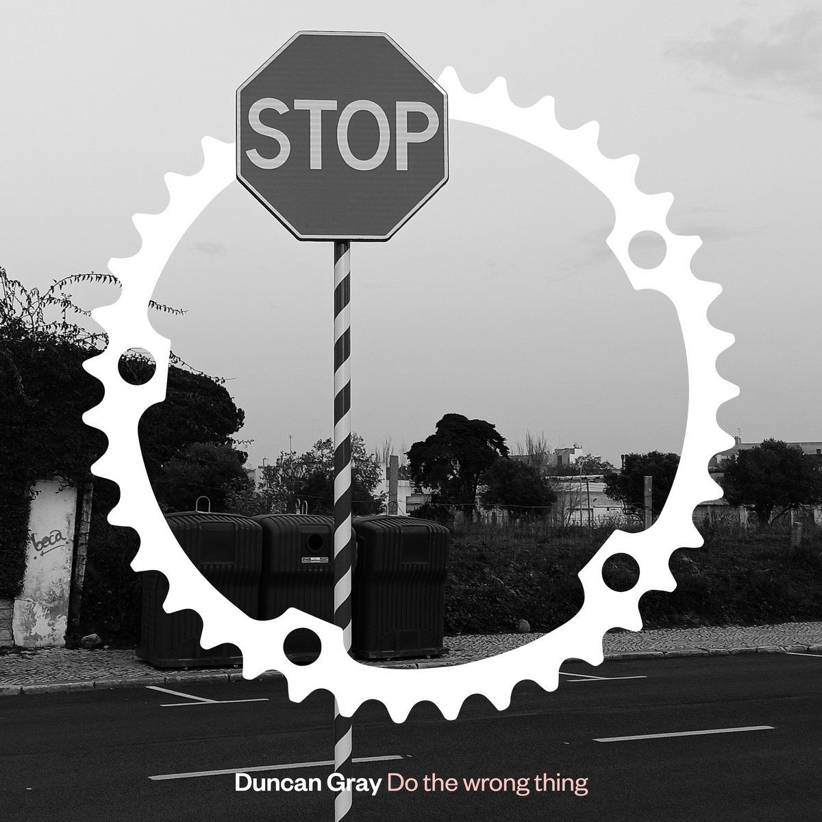 The cover to Duncan Gray's Do the Wrong Thing. A stop sign with the tici taci cog around it.