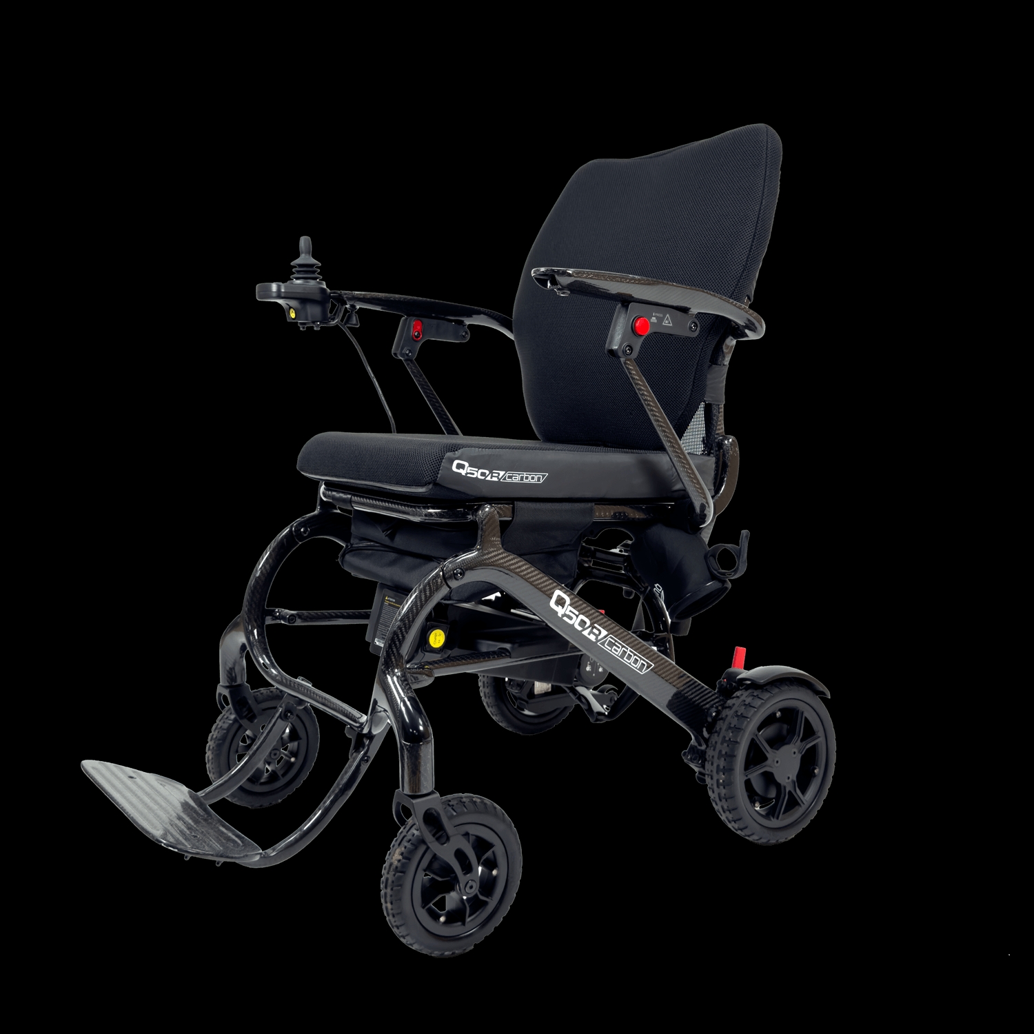 The Sunrise Medical Quickie Q50 R Carbon Comfort Folding Powerchair. It is an electric wheelchair. 