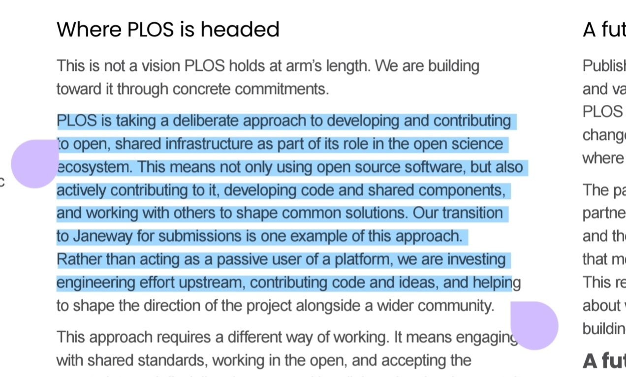 Where PLOS is headed
This is not a vision PLOS holds at arm’s length. We are building toward it through concrete commitments.
PLOS is taking a deliberate approach to developing and contributing to open, shared infrastructure as part of its role in the open science ecosystem. This means not only using open source software, but also actively contributing to it, developing code and shared components, and working with others to shape common solutions. Our transition to Janeway for submissions is one example of this approach. Rather than acting as a passive user of a platform, we are investing engineering effort upstream, contributing code and ideas, and helping to shape the direction of the project alongside a wider community.
This approach requires a different way of working. It means engaging with shared standards, working in the open, and accepting the …