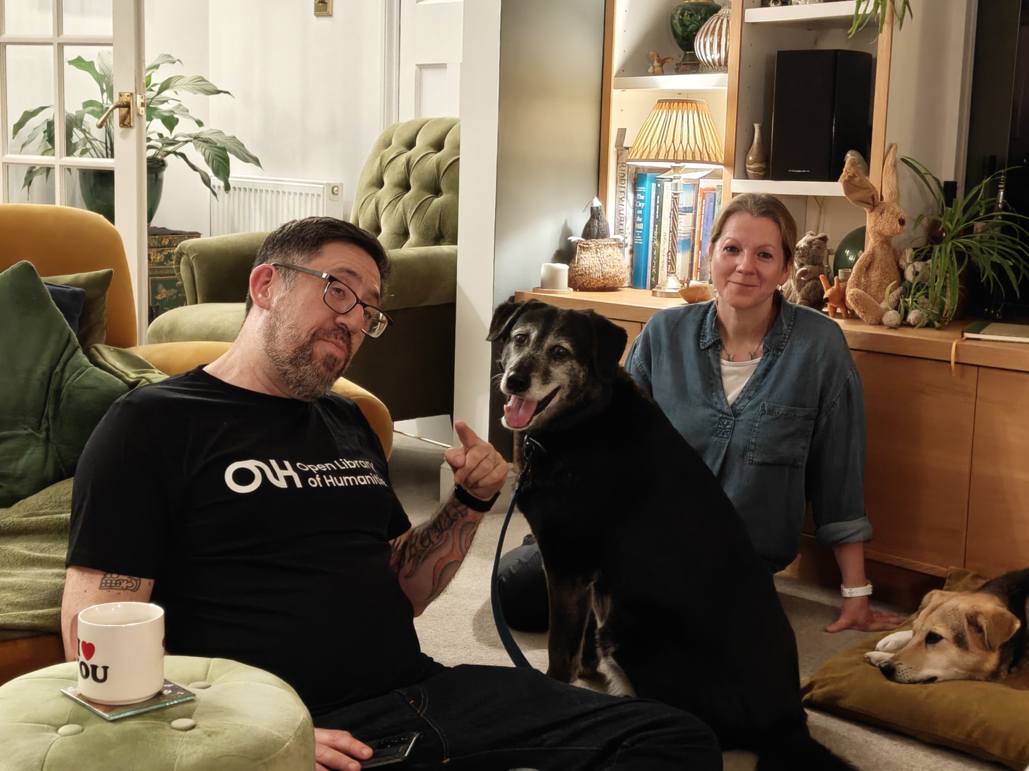 Ernesto Priego and Lucy Morris with my dogs, Luka and Robyn