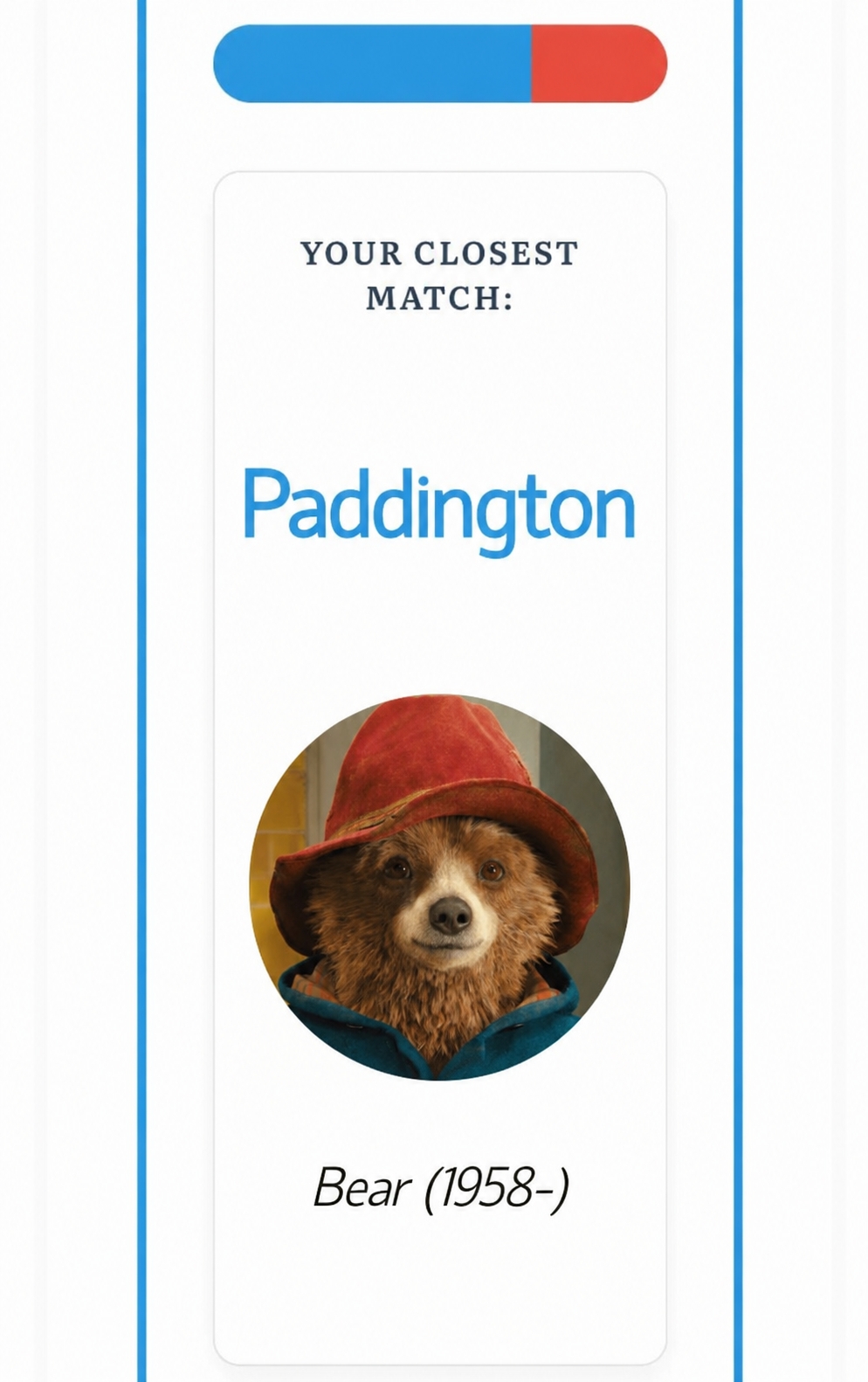 A political compass result showing my closest match to be "Paddington". There is a picture of Paddington Bear followed by the text "Bear (1958-)"
