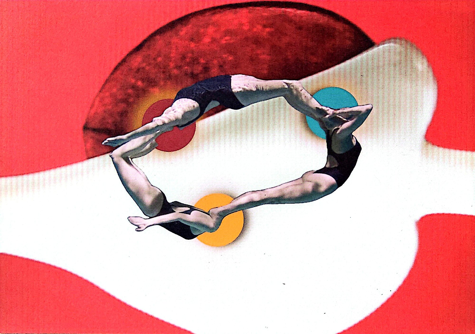 A surreal collage illustration on a vivid coral-red background. At the center, two synchronized swimmers in black swimsuits form a near-perfect circle by arching backward and grasping each other's feet, creating a continuous ring with their bodies. Behind them is a large, textured dark red disc resembling a planet or sun, partly obscured by a flowing white organic shape stretching across the image. Three flat coloured circles—burgundy, cyan, and yellow—sit behind the swimmers, adding graphic accents. The composition combines vintage photography with bold geometric forms and strong red, white, and black contrasts.