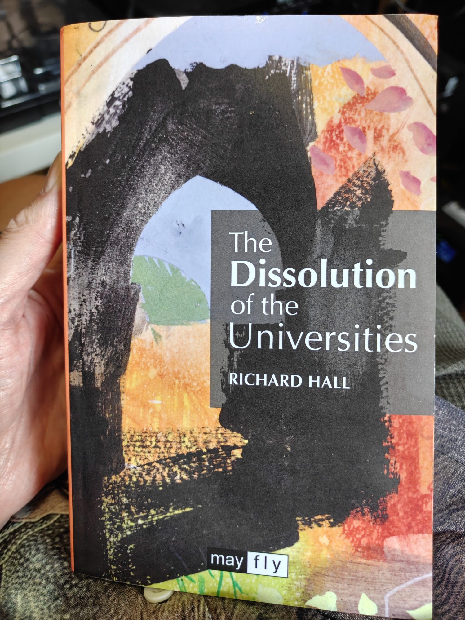 The cover of Richard Hall's book, The Dissolution of the Universities - it has an abstract watercolour painting on the cover of a monastery in ruins
