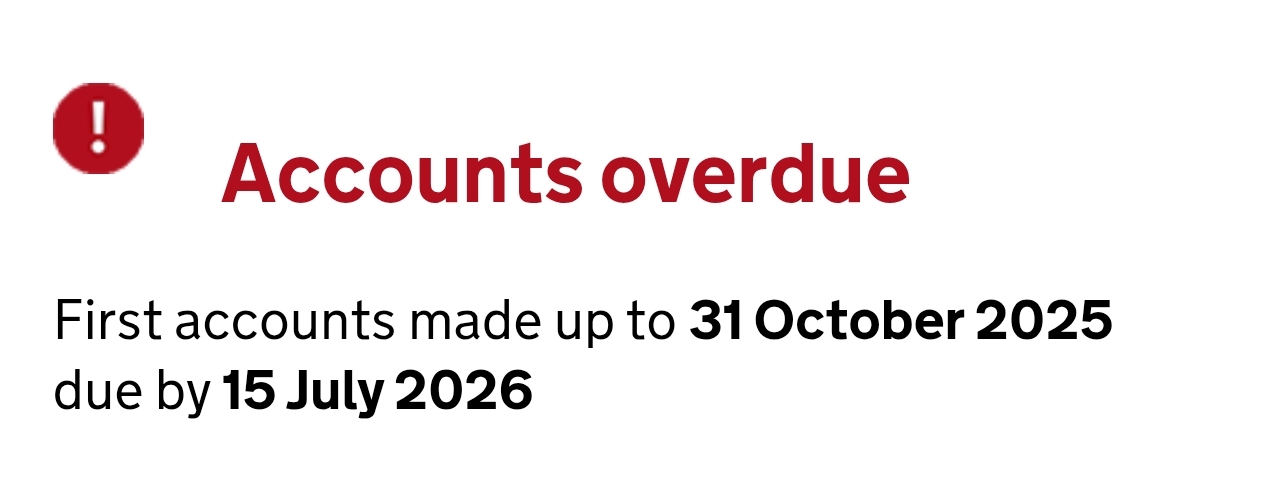 A screenshot from the Leo Technologies page at Companies House that says Accounts overdue. First accounts made up to 31 October 2025 due by 15 July 2026 