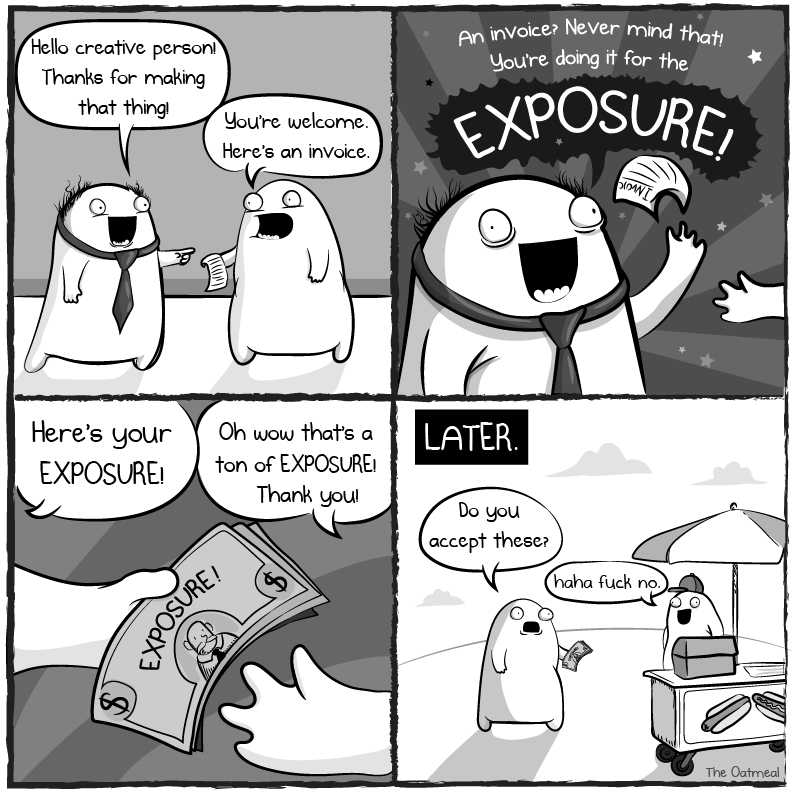 Four-panel The Oatmeal comic satirising requests for creative work in exchange for “exposure.” In the first panel, one character says, “Hello creative person! Thanks for making that thing!” The creator replies, “You’re welcome. Here’s an invoice.” In the second, the customer rejects it: “An invoice? Never mind that! You’re doing it for the EXPOSURE!” In the third, a hand gives the delighted creator a banknote labelled “EXPOSURE!” and says, “Here’s your EXPOSURE!” The creator replies, “Oh wow that’s a ton of EXPOSURE! Thank you!” In the final panel, captioned “LATER,” the creator tries to pay for food at a street cart with the exposure note, asking, “Do you accept these?” The vendor replies, “haha fuck no.”