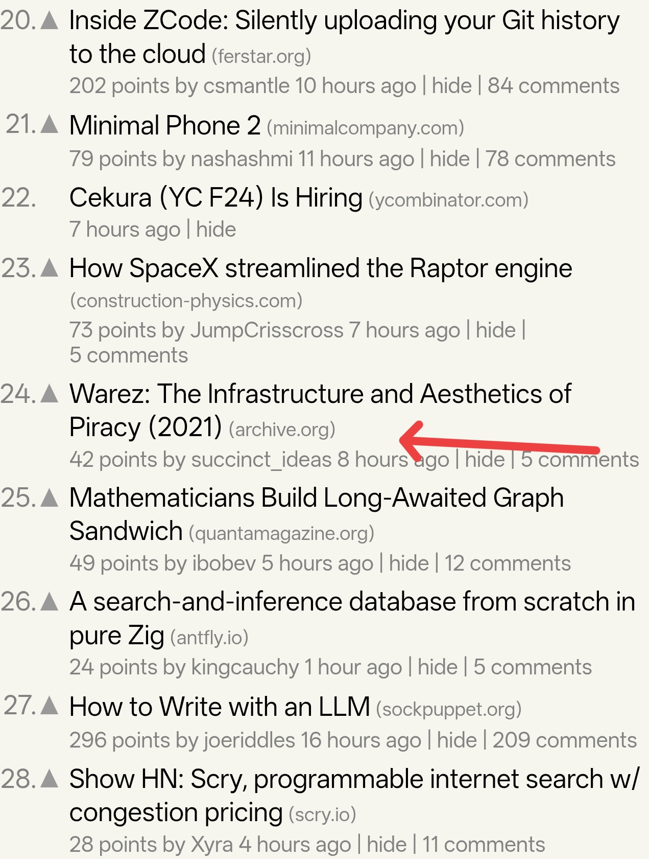 Screenshot of the Hacker News homepage showing a list of ranked stories. At number 24 is “Warez: The Infrastructure and Aesthetics of Piracy (2021)” from archive.org, with 42 points, posted by “succinct_ideas” 8 hours ago, and 5 comments. A large red arrow points directly at the Warez listing.