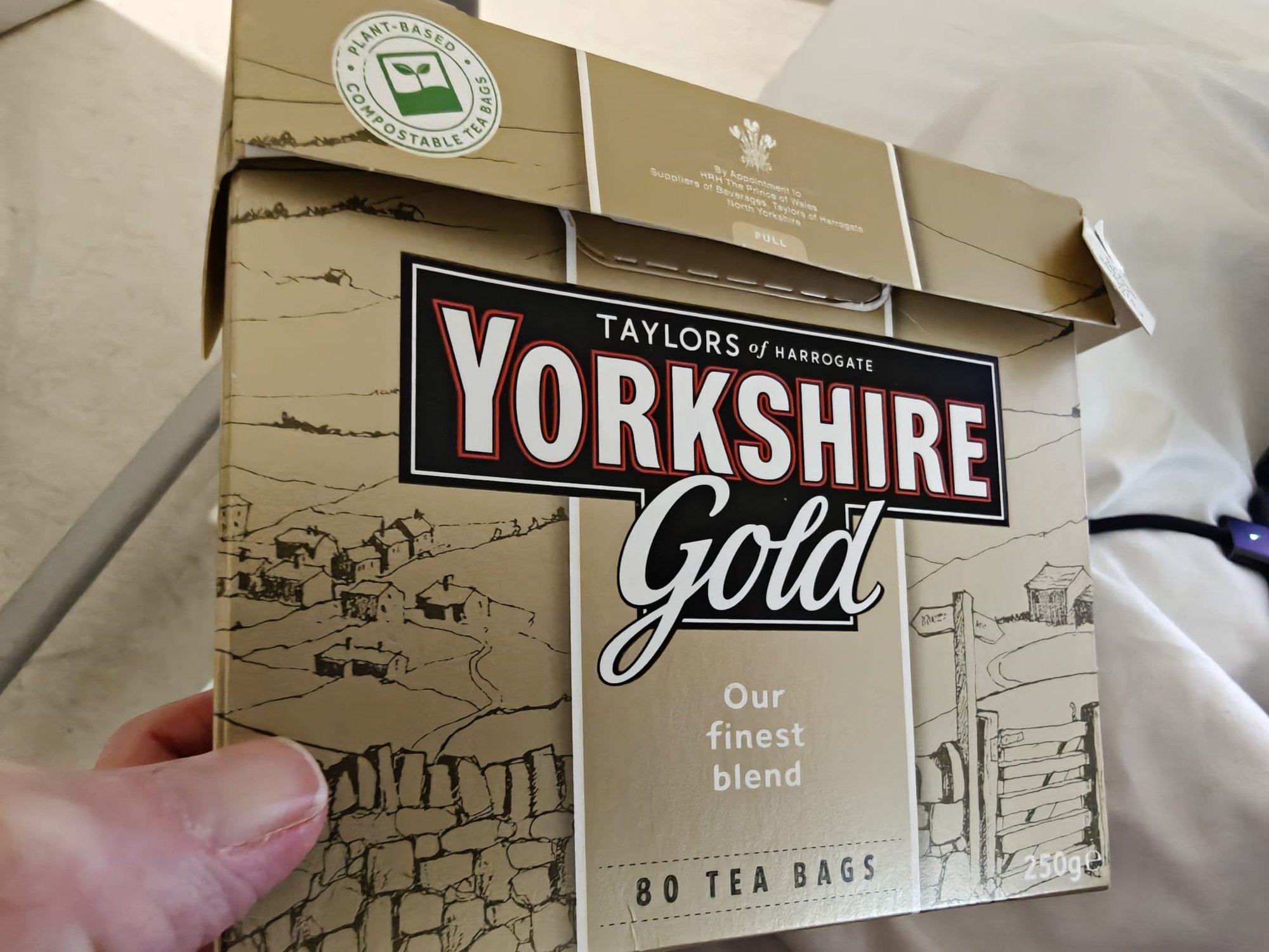 A box of Yorkshire Gold tea