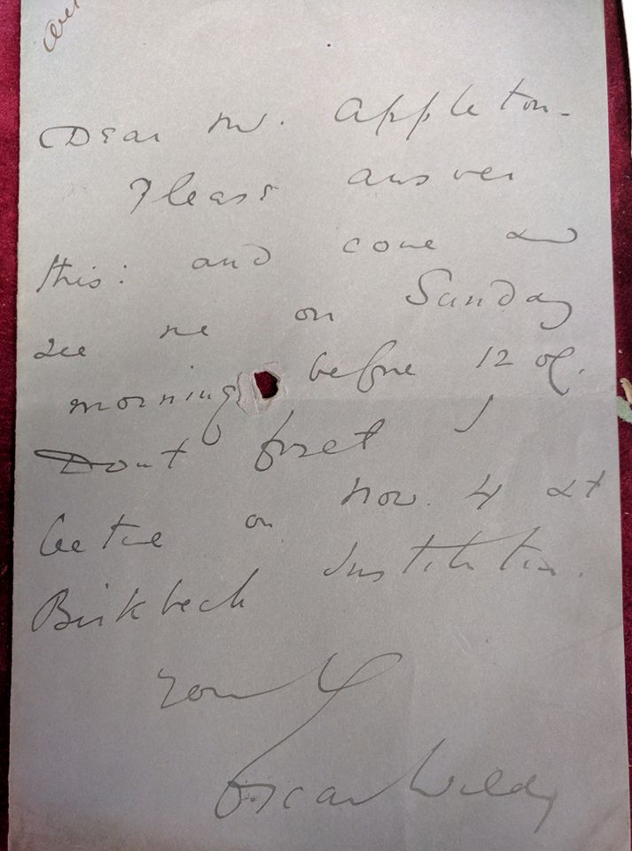 Handwritten letter from Oscar Wilde to Mr Appleton, reading in part 'I lecture on Nov 4 at Birkbeck institution'